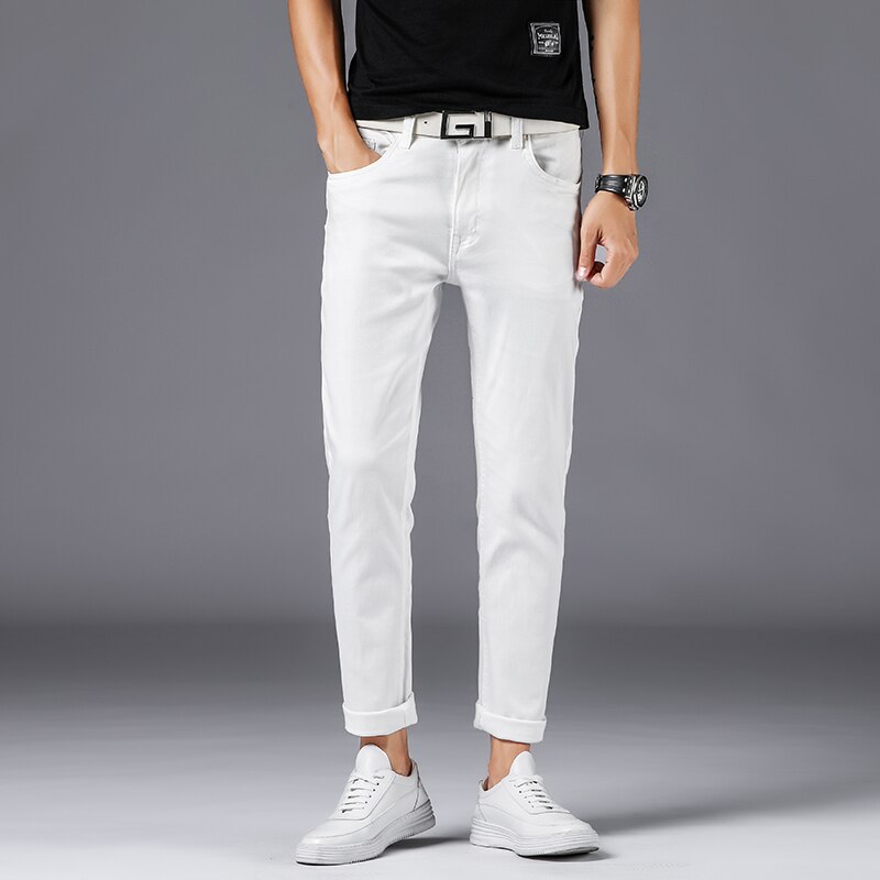 Men White Cotton Slim Straight Men Casual Stretch Skinny Jeans Straight fit Trousers White Pants Solid Colors Jeans