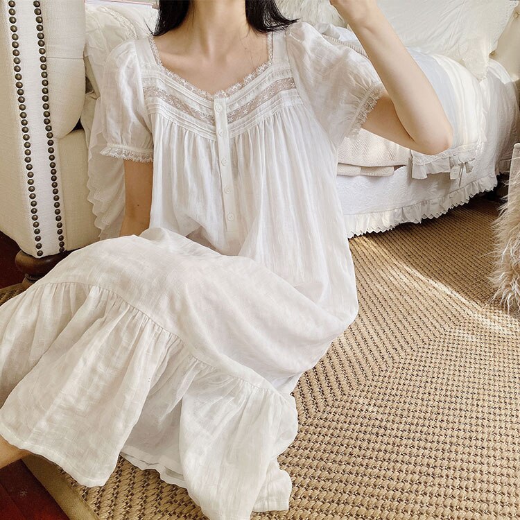 Lente Vrouwen Nachtkleding Prinses Katoen Crêpe Lange Mouwen Lace Geplooide Pyjama Sleepshirts Kant Vintage Dame Nachtjapon Nachtjapon