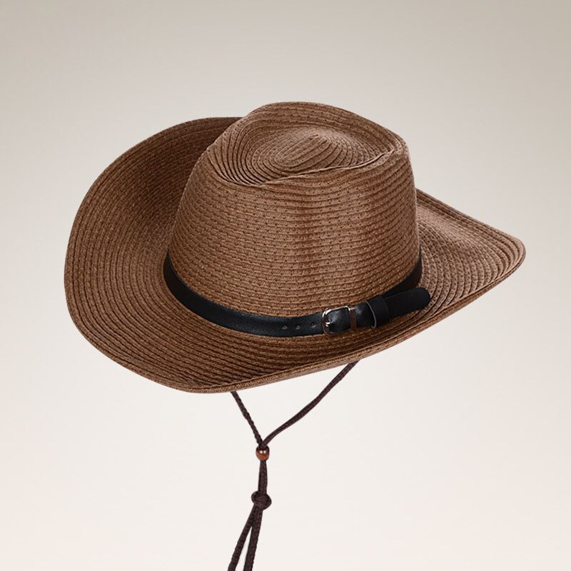 Sommer hat panama hatte mænd halm cowboy hat sol hat foldet vestlig bred buet kant: Rødbrun