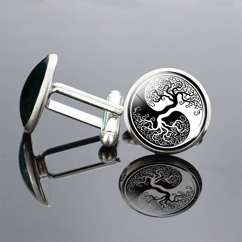 Sølv livets tre kunst trykk mansjettknapper menn mansjettknapper glass cabochon mansjettknapper yinyang tre mansjettknapper bryllupsnåler smykker