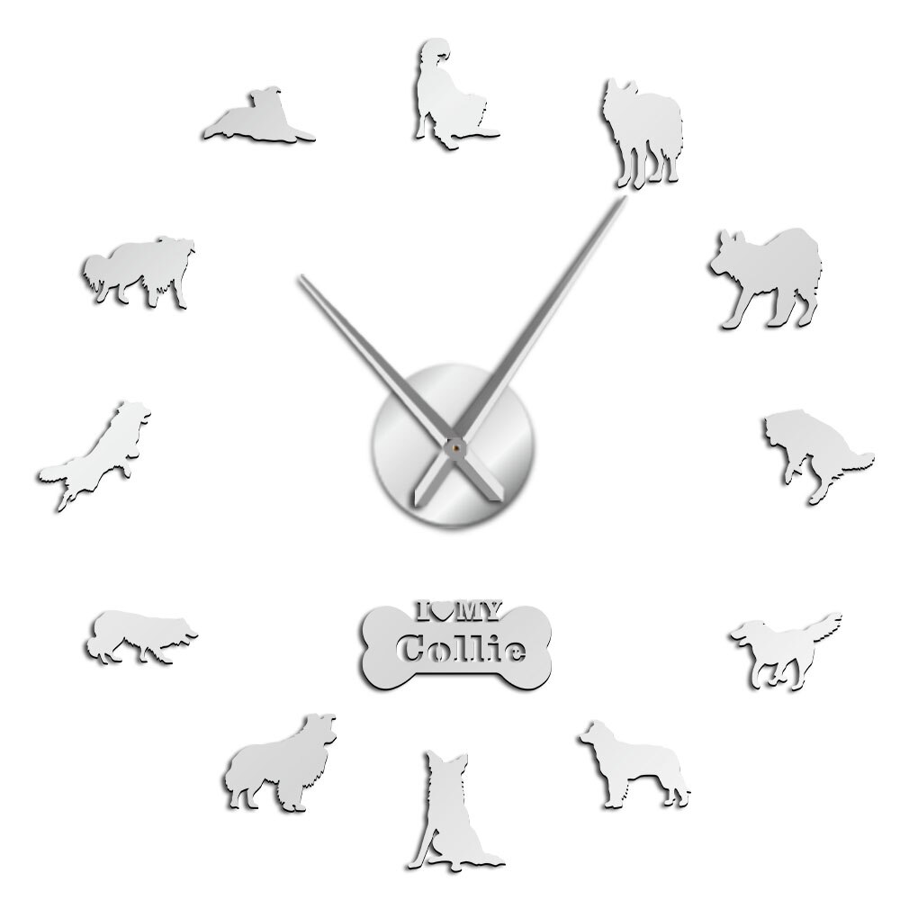 Grenze Schottischen Schäferhund Hund Schäfer Collie Selbst Klebe DIY 3D Wanduhr Kunst Schottischen Wohnheim Zimmer Dekor Mann Chef: Silber- / 27 Zoll