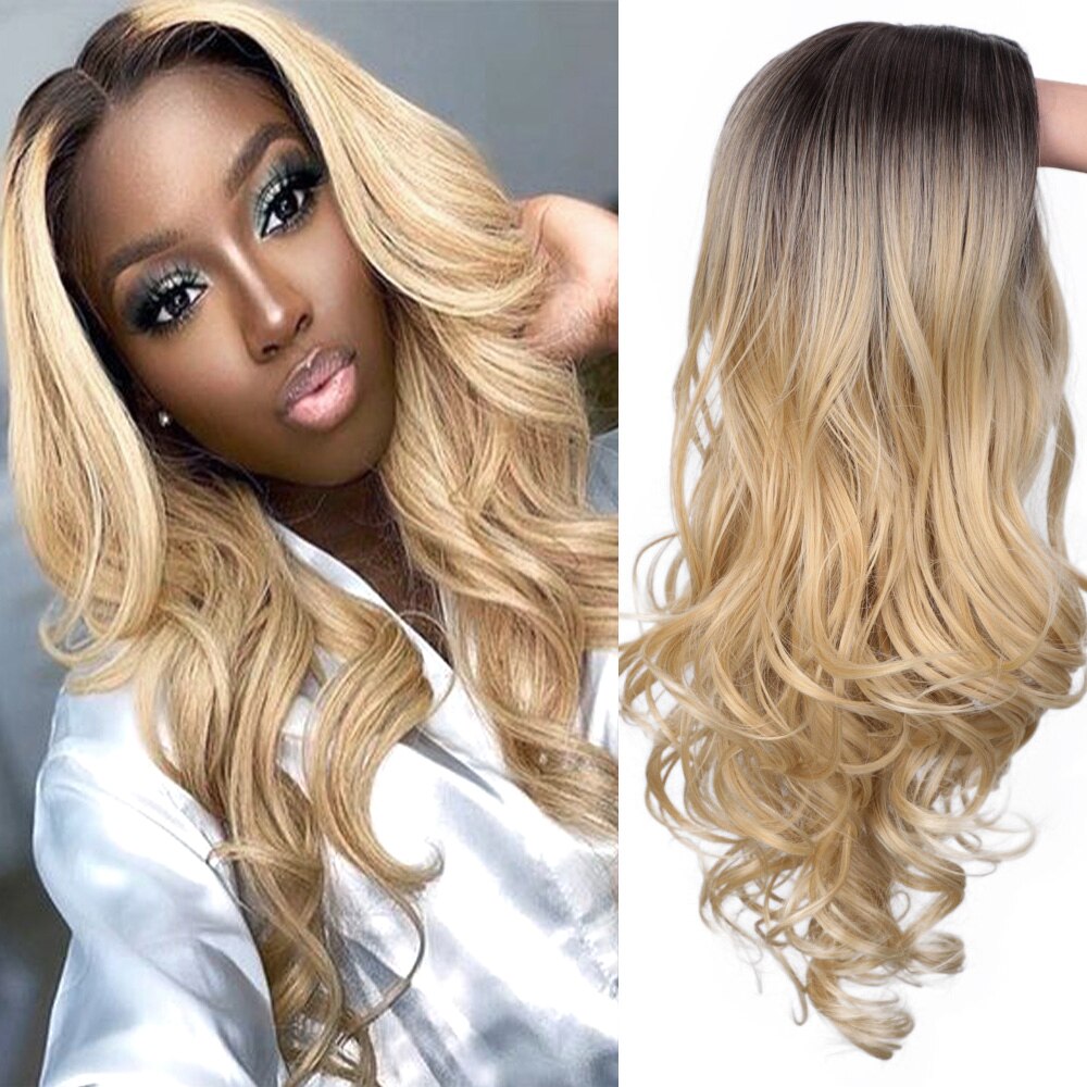 Stamped Glorious-peluca larga de 24 pulgadas para mujeres negras, pelo de fibra resistente al calor, con ondas al agua y parte media: R6-27-613