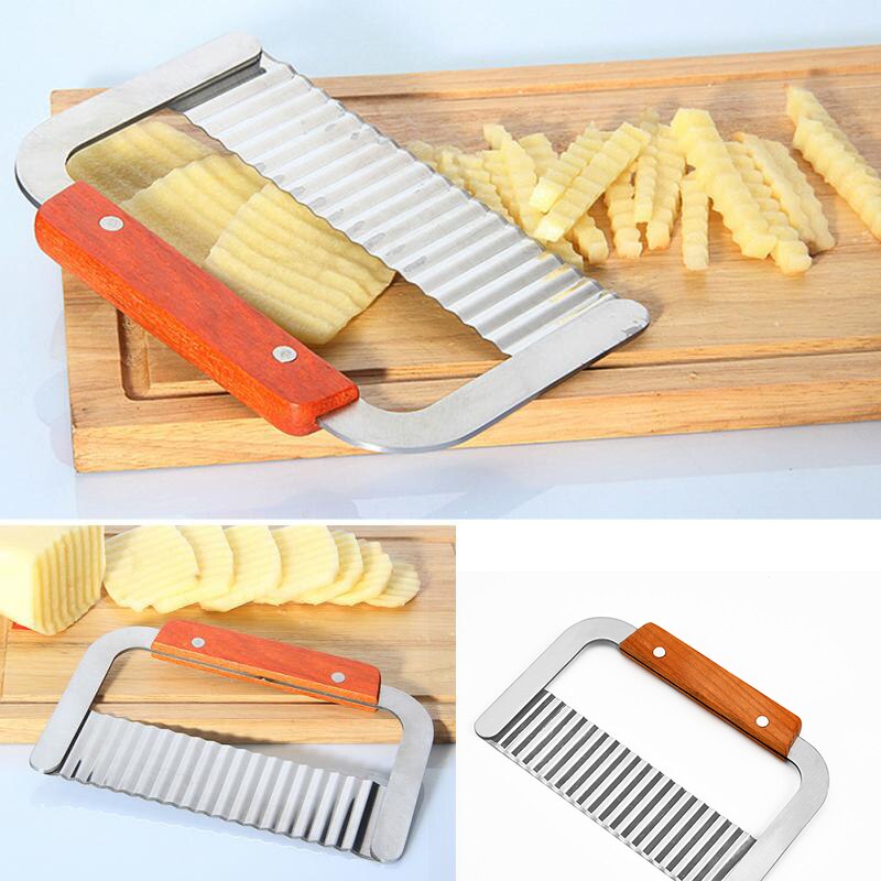 Kitchen Tools Stainless Steel Wooden Handle Wave Knife Fries Cut Corrugated Knife Cutting Knife Potato Strip Cutter