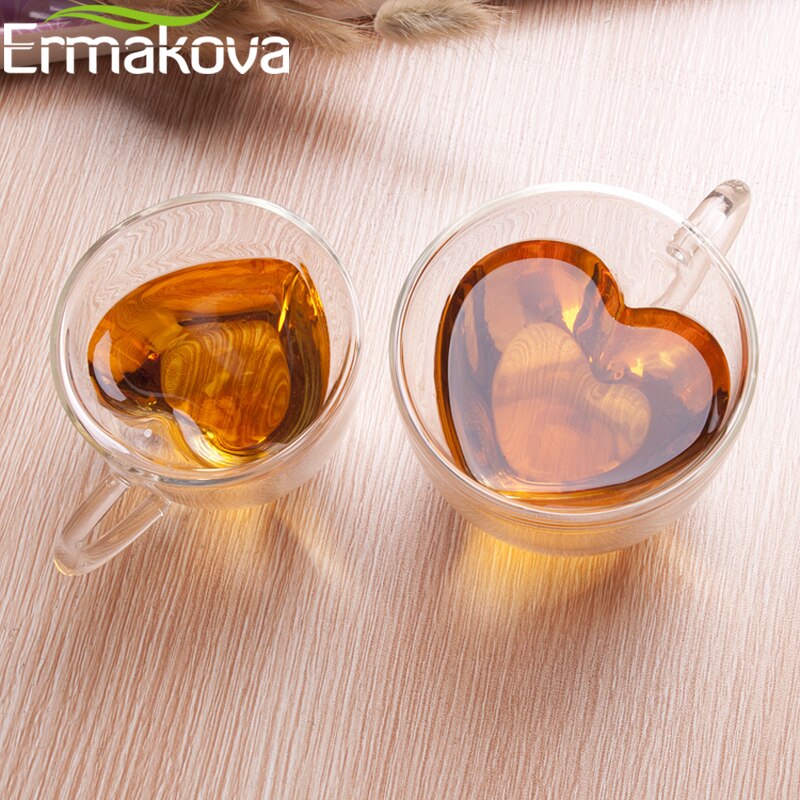 Ermakova kaffemugg dubbelväggig isolerad kaffe te ölkopp glas hjärtform espresso cappuccino latte mjölkmugg drinkware