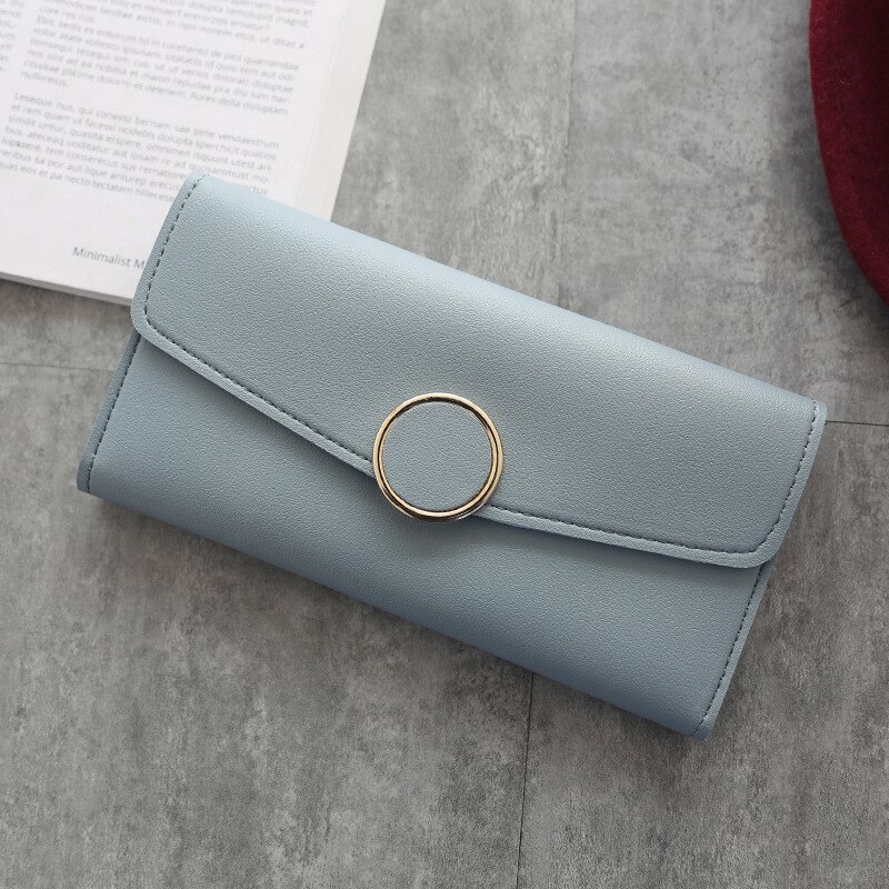 Wallet Leather Women Wallet Long Pu Leather Purse Zipper Metal Circle Decor Wallets Female Hasp Coin Purse Clutch Black: Long-Blue