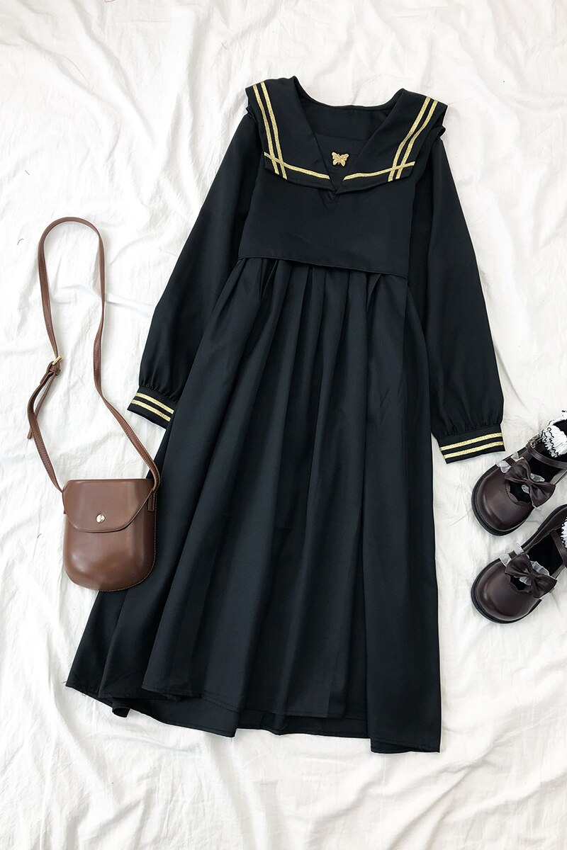 Japanese retro dark black navy collar college style long-sleeved dress female student JK sailor suit mid-length skirt