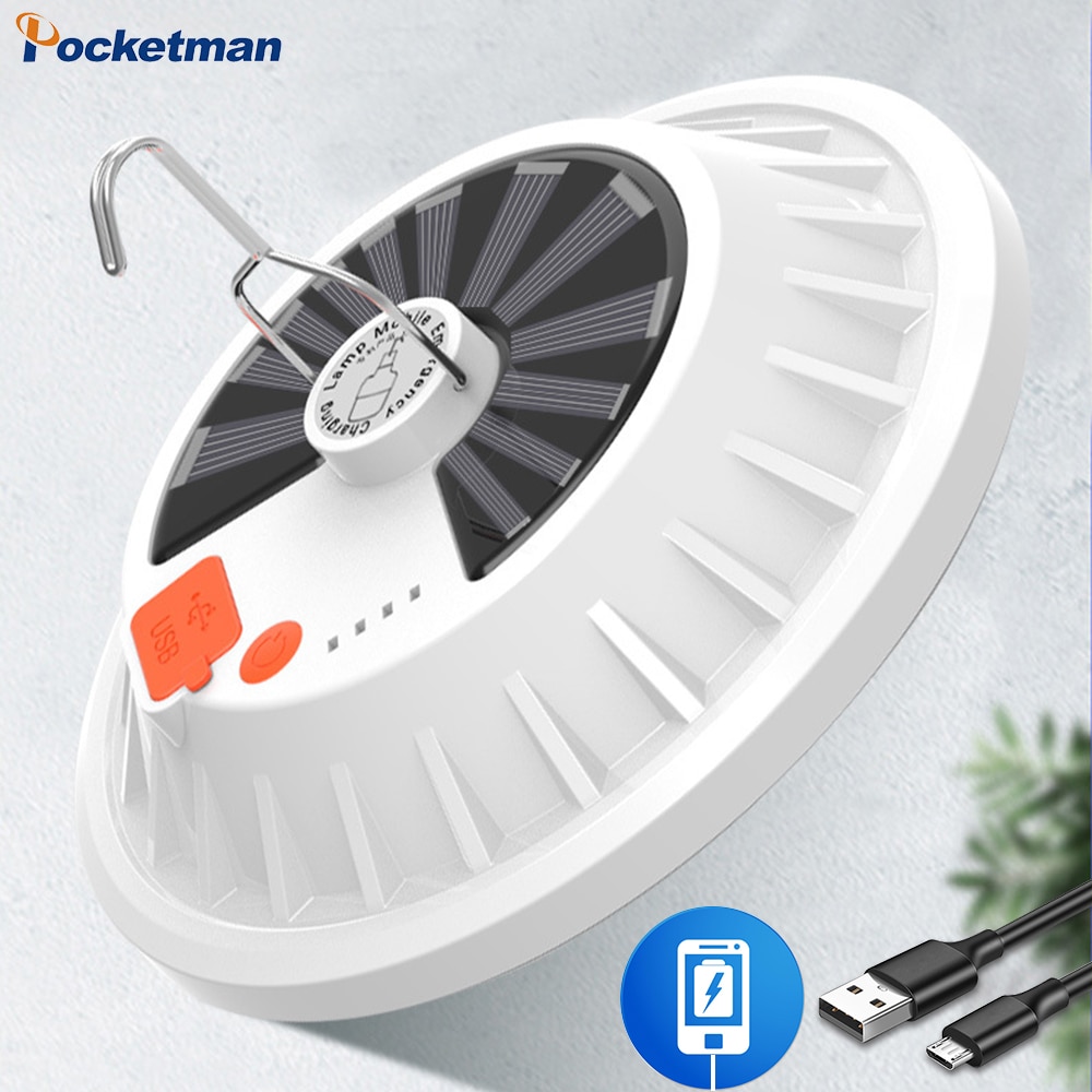 LED Solar Lamp Portable Emergency Lantern Outdoor Camping Light USB Charging Hook Lamp 300W Super Bright Rechargeable