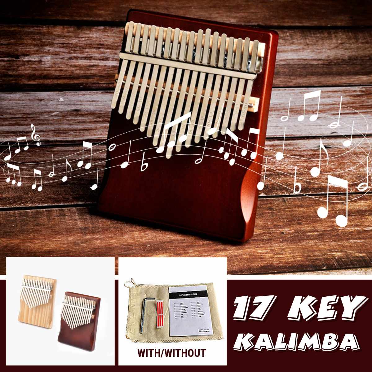 17 Keys Thumb Piano Kalimba Wood Mahogany Body Musical Instruments With Learning Book Kalimba Piano With Tool