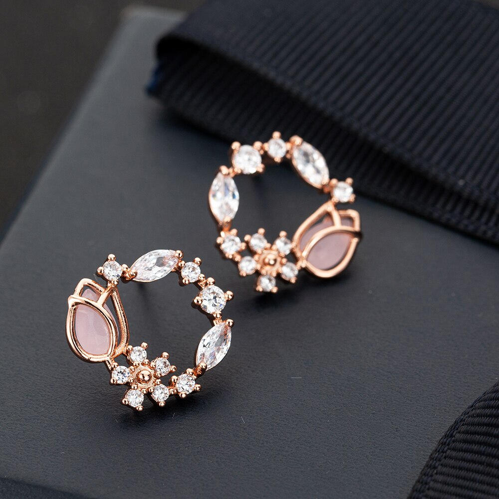 Trends pink tulipan øreringe rosa guld halskæde øreringe smykke sæt tidløse klassiske søde zirkon brude bryllup smykker: 1 stk øreringe