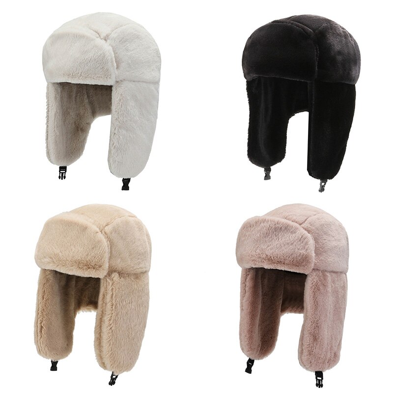 Winter Hat Women Men Faux Fur Solid Color LeiFeng Cap Russian Bomber Hat Ski Hat Warm Earmuffs Thicken Ear-flapped Hat