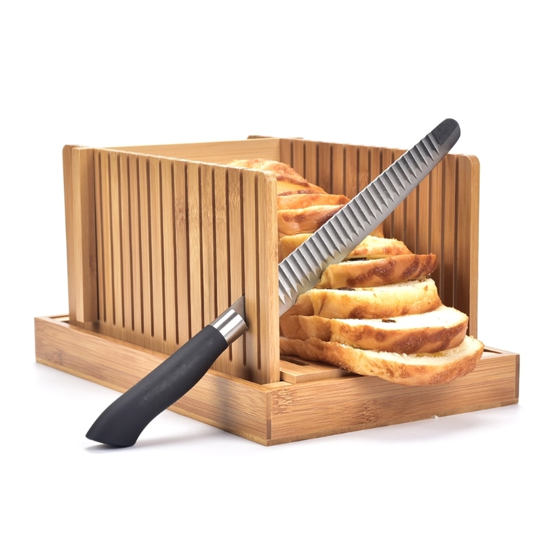 Trancheuse à pain en bois de bambou pliable coupe pain grillé Guide de coupe trancheuse pour gâteaux faits maison Bagels