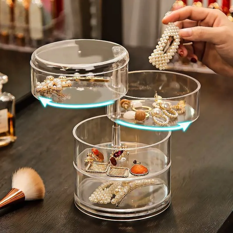 Caixa de armazenamento de jóias rotativa rack de armazenamento de cosméticos domésticos pulseira brinco caixa de armazenamento circular titular com tampa rack de exibição