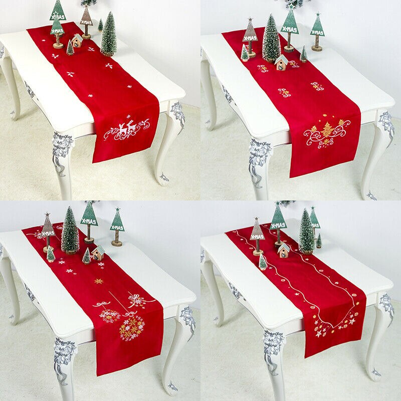 Julbord löpare xmas dekoration festlig röd snöflinga träd älg tyg