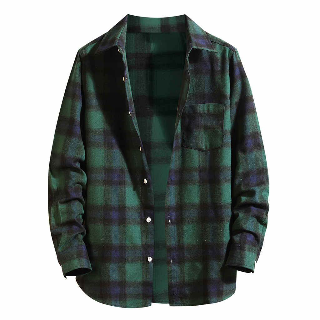 Green Plaid Print Men Shirt Classic Turn-Down Collar Chemise Homme Long Sleeve Casual Mens Shirts Slim Button Streetwear: Green / XXXL