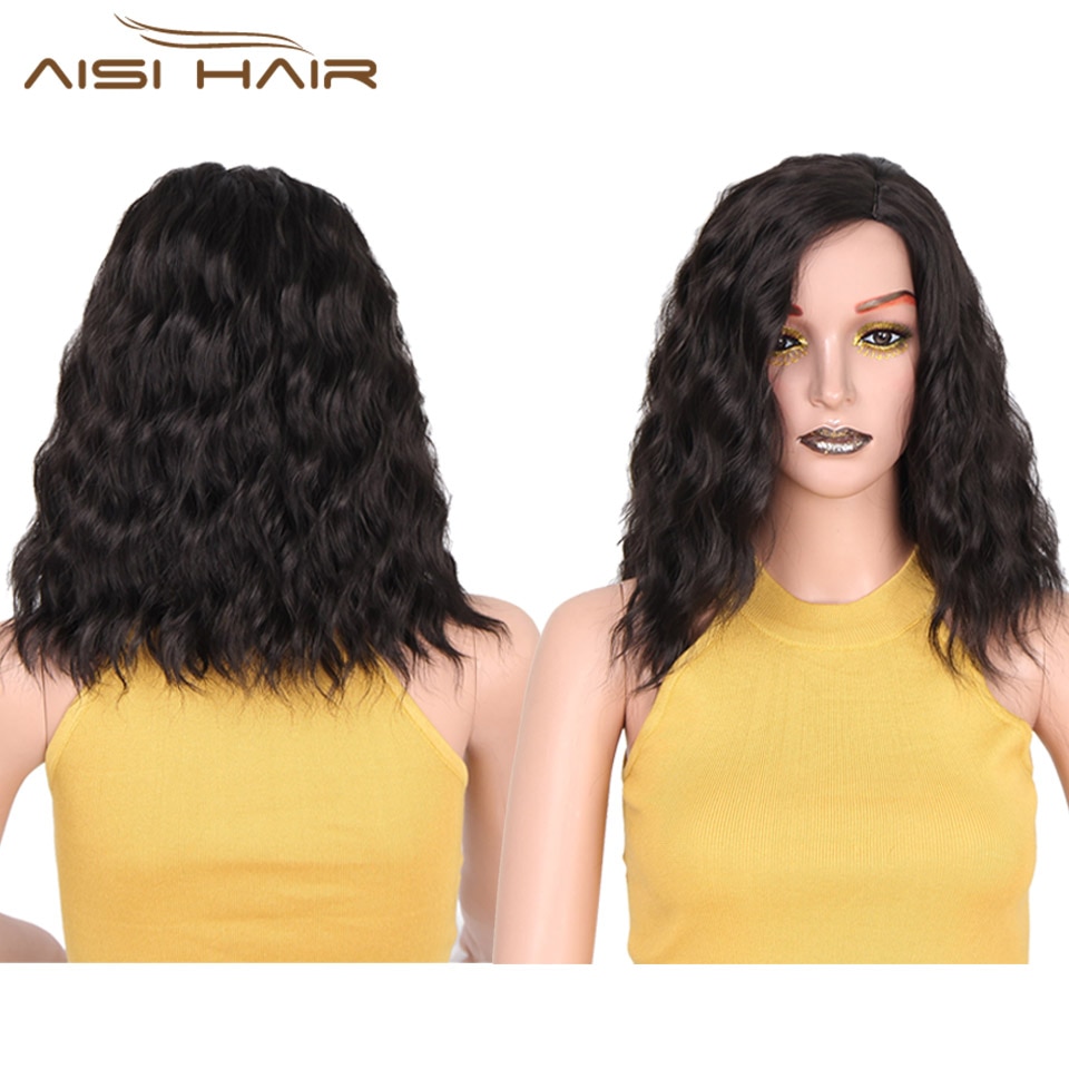 IK een pruik 14 "Korte Bob Water Wave Natuurlijke Losse Synthetische Pruik Kleur Natuurlijke Zwarte Hoge Temperatuur fiber pruiken voor Vrouwen