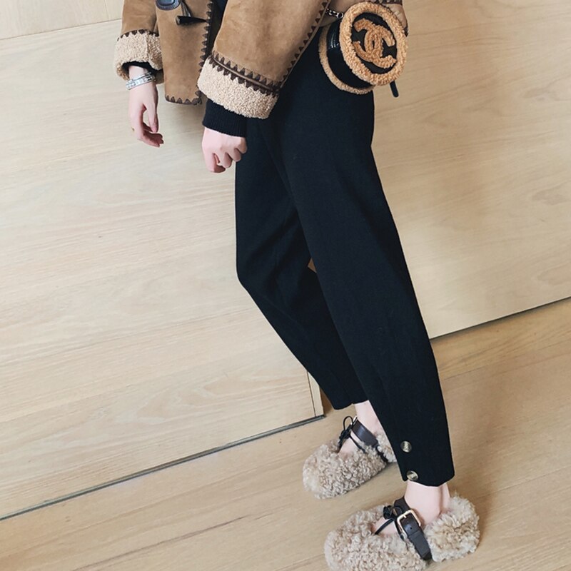 Comfortable Pregnant Women Abdomen Harem Pants Winter Thick Warm Velvet Trousers Button Fly Hem Maternity Empire Trousers Autumn: winter Black / M