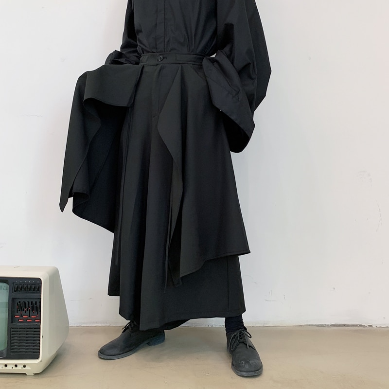 Miehet rento mustat leveät lahkeet housuhameet miespuoliset naiset japani katuvaatteet punk gootti kimono housut haaremi housut näyttämövaatteet