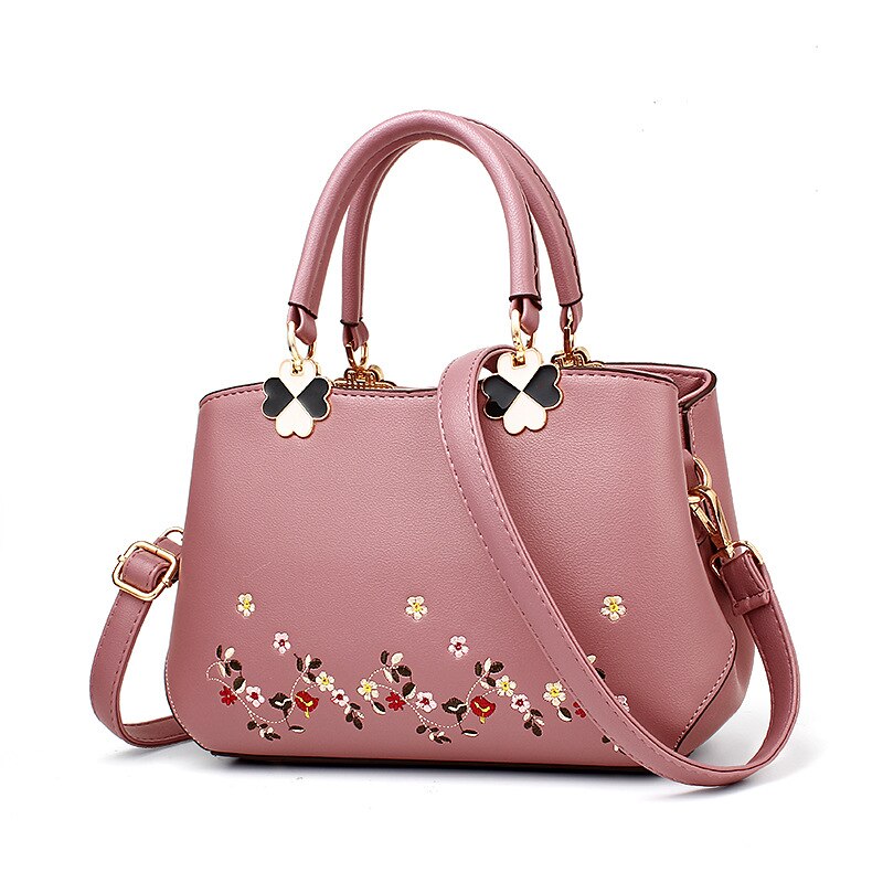 Women Bag Women Leather Handbag Women Shoulder Bag Crossbody Handbag Big Boston Flower Embroideried Rivets Chinese Style: Pink