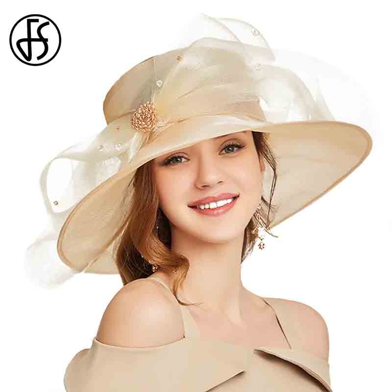 FS Beige Weiß Organza Breite Krempe Sonnenhut Hüte Für Frauen Kirche Hüte Frauen Elegante Kentucky Derby Hütte Damen Großen Bogen Fedora