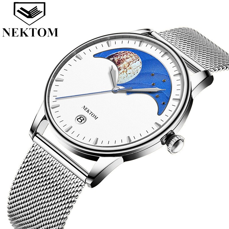 Nektom Echt Mesh Riem Heren Quartz Horloge Ultra-Dunne Kalender Waterdichte Student Paar Horloge