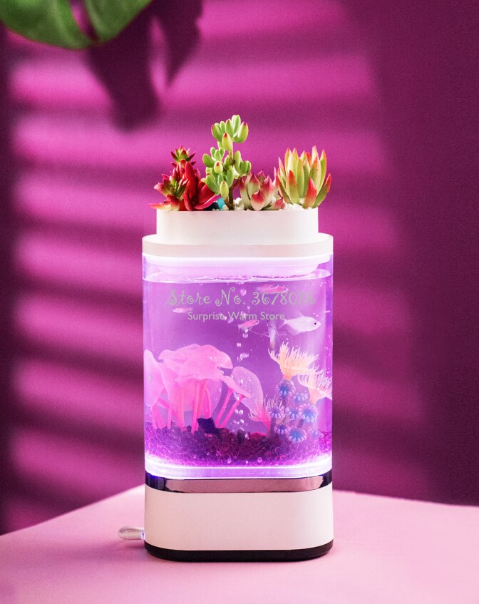 Acuario pequeño de acrílico para oficina, cuenco pequeño con 7 colores de decoloración, inteligente, táctil, poco ruido, barato