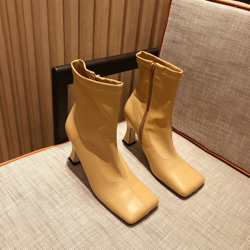 Women Soft Leather Sock Boots Square Toe Beige Yellow 6cm High Heels Ankle Boots Elastic Chelsea Boots Shoes Botas Mujer