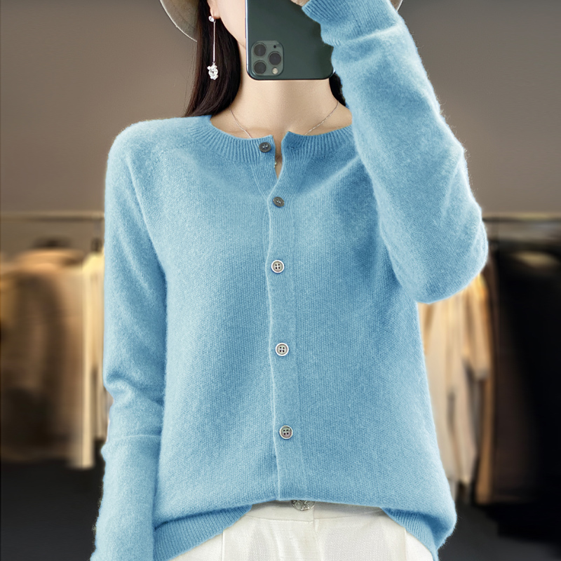 mujer 100% cárdigans de lana merina suéter de cachemira Otoño Invierno cuello redondo prendas de punto de manga larga ropa básica femenina Tops: M / Azul cielo