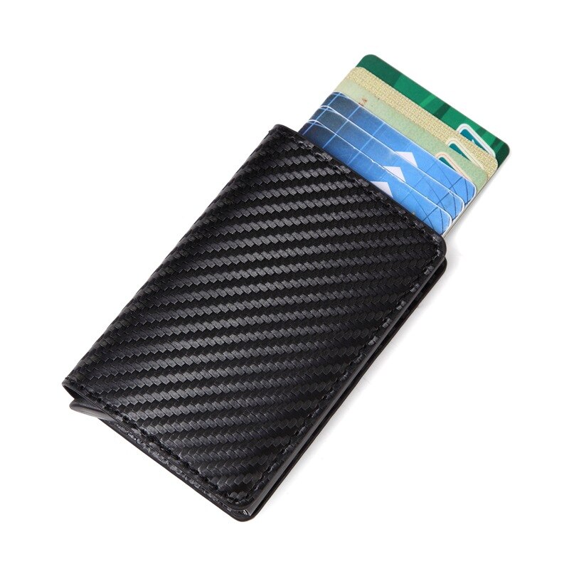 Men Automatic Credit card holder carbon fiber Leather Wallet Aluminum Mini Wallet With Back Pocket ID Card RFID Blocking purse: All Black