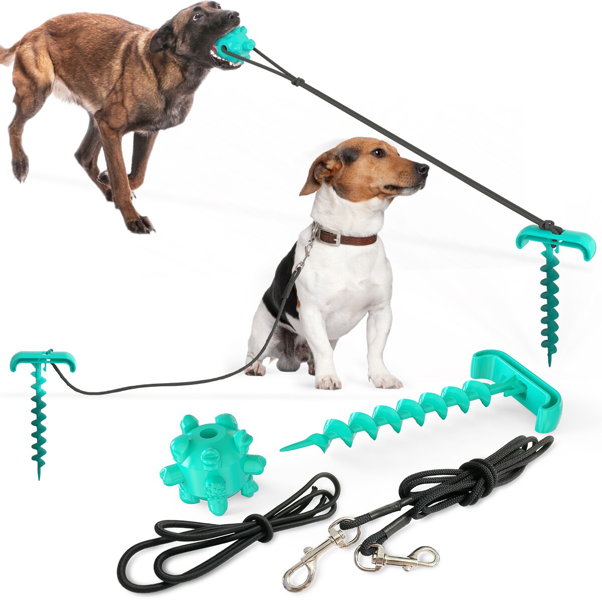 Hond Stake Multi-Functionele Draagbare Outdoor Tie-Out Voor Honden Tanden Reinigen Molars Bal, outdoor Hond Tandenborstel Chew Toy: Blauw