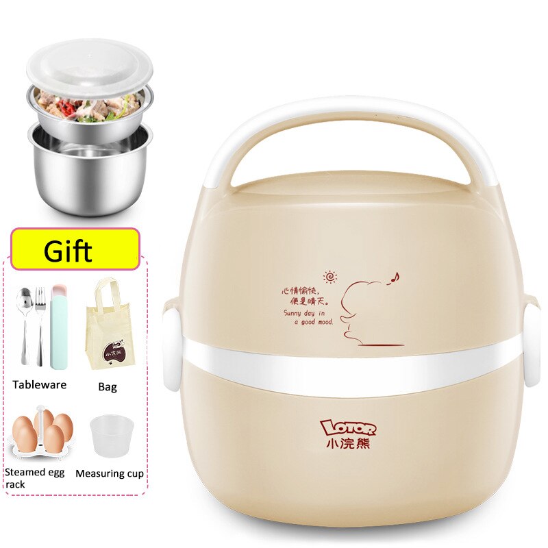 Kbxstart Multi-function Portable Mini Electric Lunch Box Stainless Steel Liner Rice Cooker Food Steamer Cooking Container 220V: Khaki