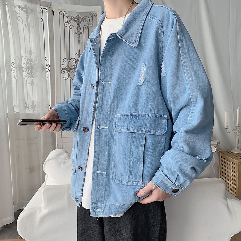 Lente Gat Denim Jas Heren Mode Retro Casual Gat Blauwe Denim Jas Mannen Streetwear Wilde Losse Hip Hop Bomber jas Mannen
