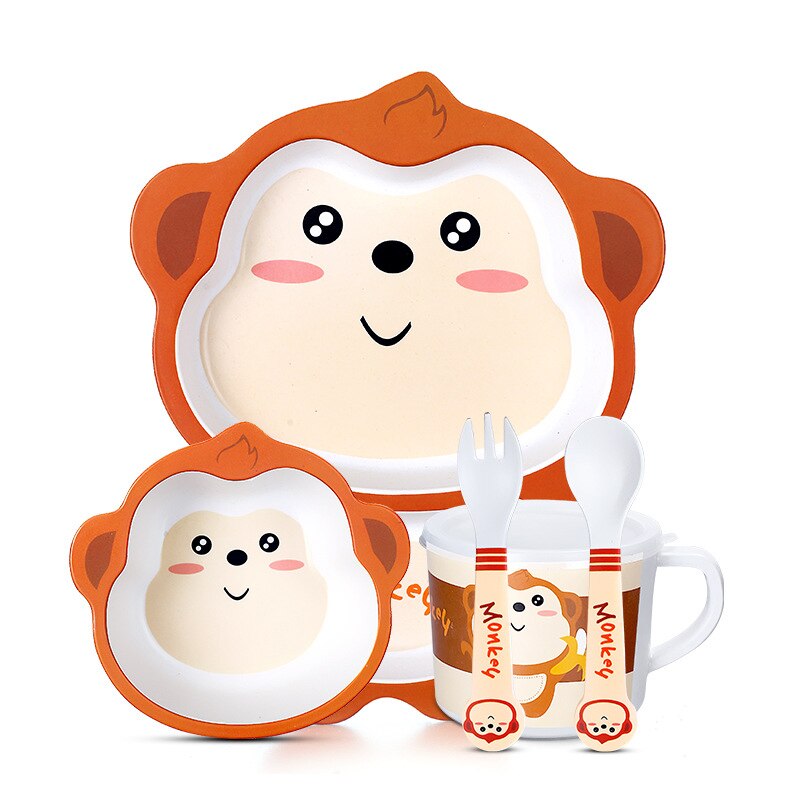 Baby Bamboe Kom + Lepel + Vork Feeding Servies Set Cartoon Aniaml Bee Kid Gerechten Bamboe Voeden Kom Diner plaat: monkey