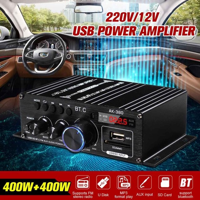 Amplificador de sonido para coche, Subwoofer estéreo Hifi de 400W, 2x200W, EDR Digital, LED: AK380 With Bluetooth