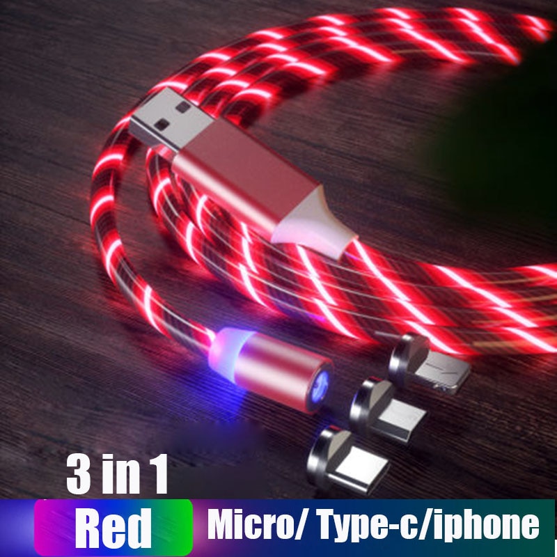Lasaie Bunte Fließende Licht LED Magnetische Kabel Mikro USB Typ C Kabel Schnelle Ladung Magnetische Ladegerät Kabel für iPhone Xiaomi: rot 3 in 1 / 2m