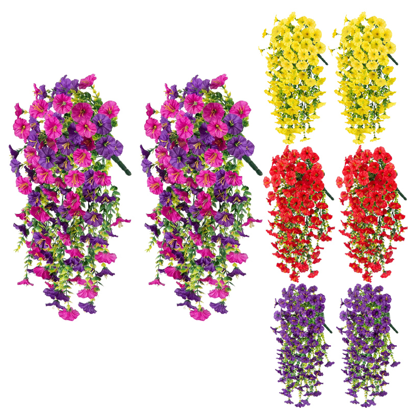 Flores artificiales colgantes, plantas de seda sintética, moradas, gloria matutina, enredaderas largas, resistentes a los rayos UV, realistas para decoración de jardín y balcón