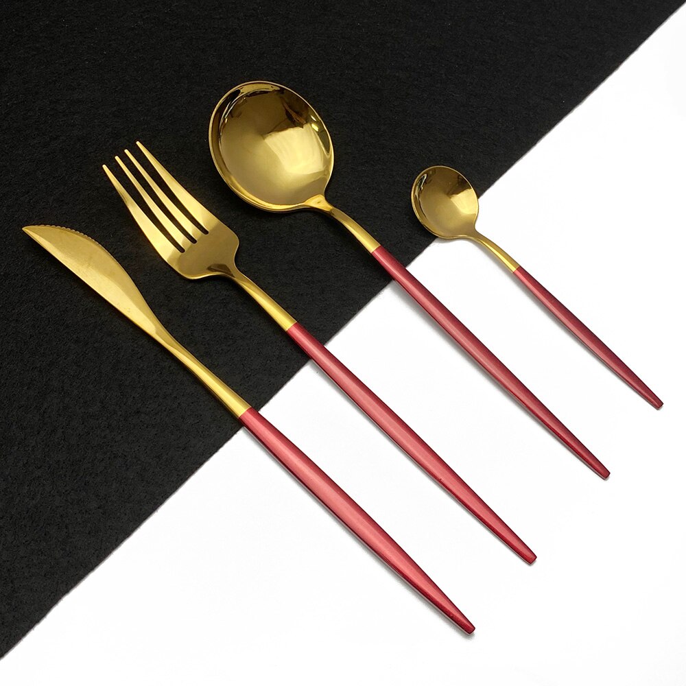 Zwart zilver 18/10 bestekset roestvrij staal 24 stuks servies steakmes theelepel feest keuken eten serviesset: Rood goud