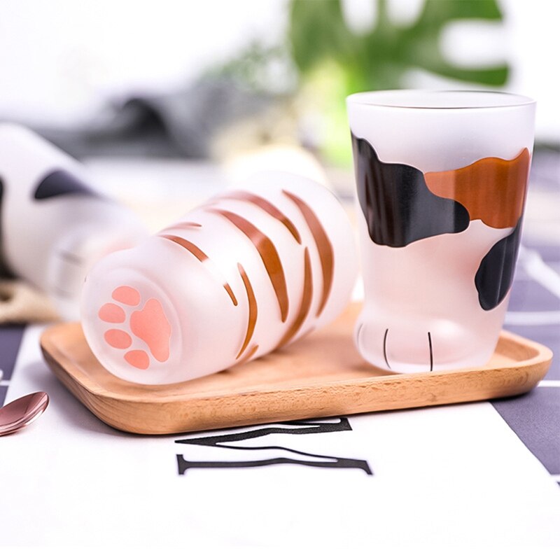Tasse en verre givré avec patte de chat, joli, imprimé patte de chat, tasse de café en verre de lait pour petit déjeuner à la maison, pour fille