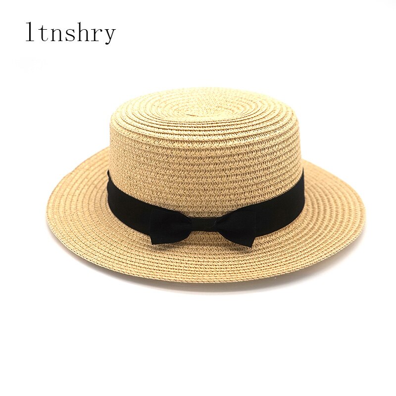 eenvoudige Zomer Vrouwelijke Casual Panama ouder-kind Strand Hoed Dame Vrouwen Platte rand Strik Stro cap glris zonnehoed: 2 / 50-54cm children