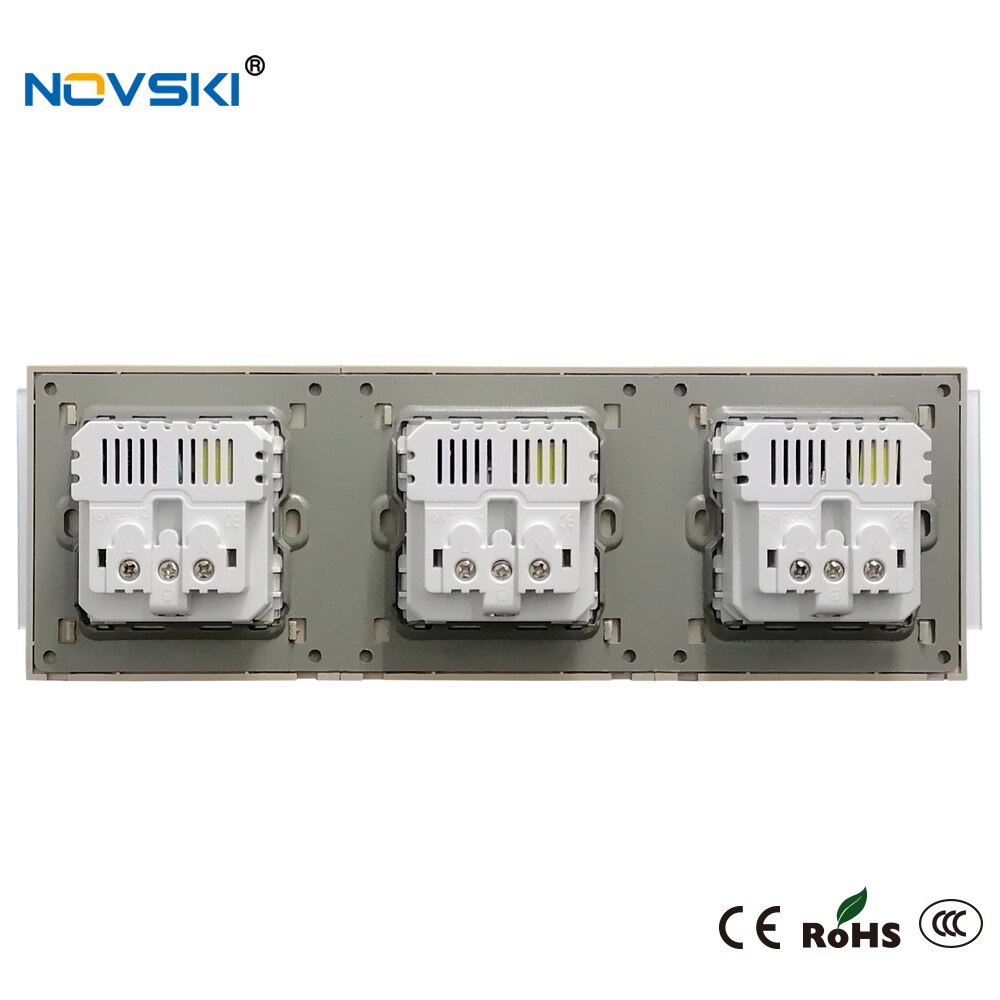 NOVSKI 16A EU Standard Wall Socket Triple Frame Crystal Glass Black Panel 86*258 mm, Hidden LED for USB Charger