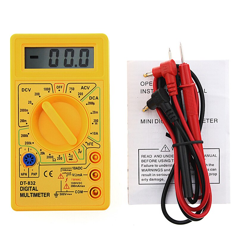 DT832 Digital Multimeter LCD DC AC Voltmeter Ammeter Ohm Tester: YELLOW