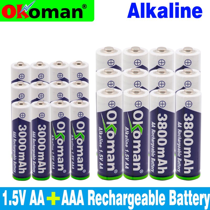 Okoman 1.5V AAA 3000mAh Alkaline Rechargeable battery + 3800 mAh AA Alkaline battery for LED light toy clock MP3 player