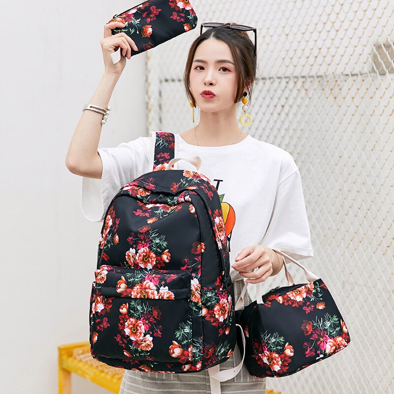 3pcs/set Nylon Waterproof Printing backpack Women School Bag for Teenagers Girls Student Bookbag with Lunch Box