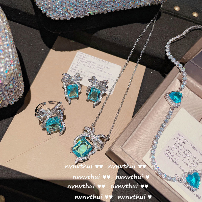 brillant Meer Blau CZ Stein Schmuck einstellen Damen Silber Farbe Bowknot Hochzeit Engagement Braut Partei Schmuck