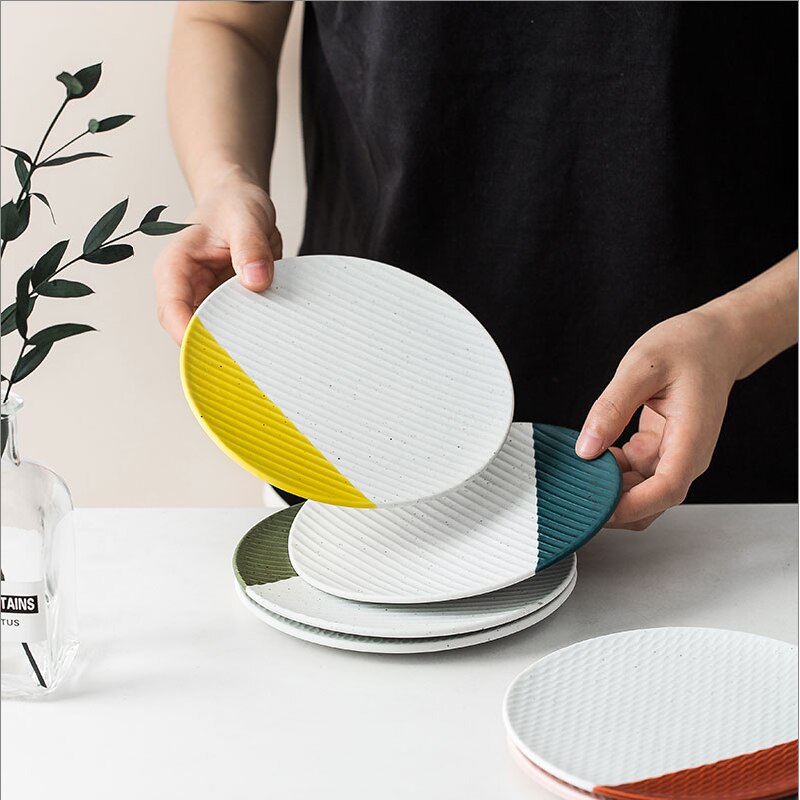 Platos de postre coloridos, platos de pastel, ensaladas, platos planos pequeños, postres de piedra, platos redondos de fruta, platos de desayuno