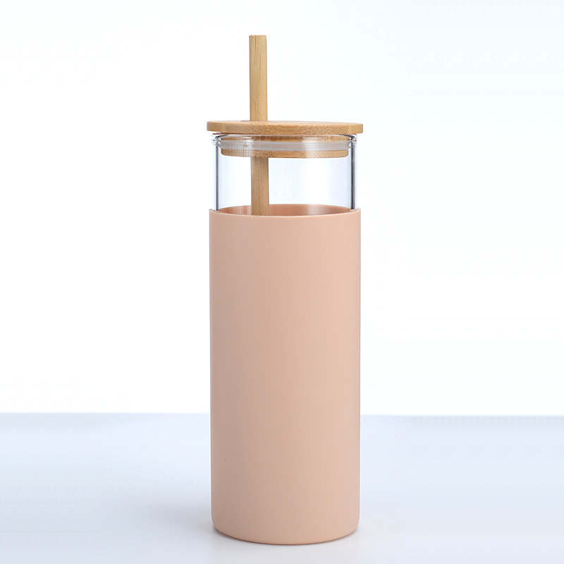 500ml bärbara silikonglas bambu lock halm vattenkopp sport vattenflaska kaffekopp med sugrör utomhus resa hemmakontor: Rosa