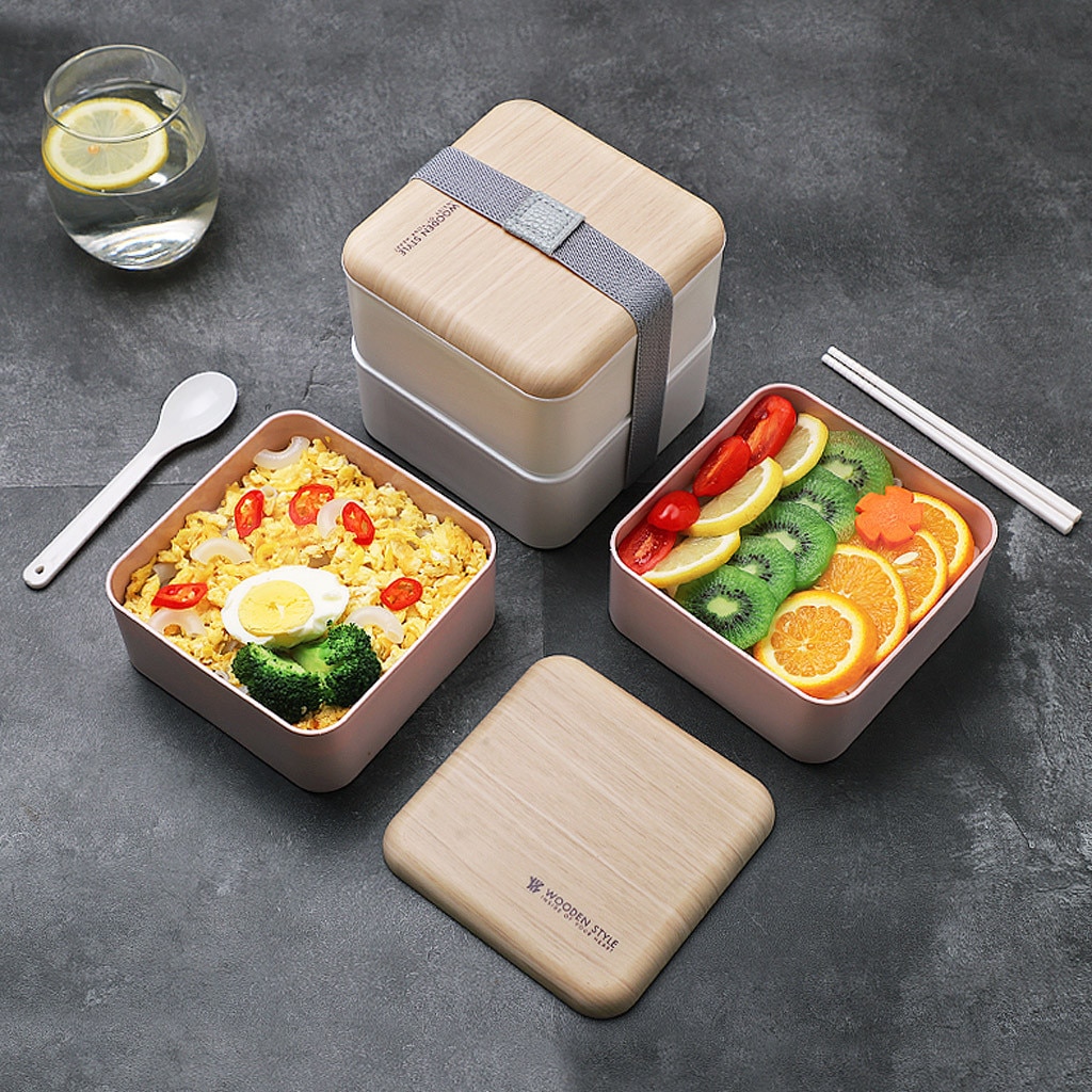Microwave Lunch Box Japanese Wood Bento Box 2 Layer Container Storage Sudent School Lunch Storage Case