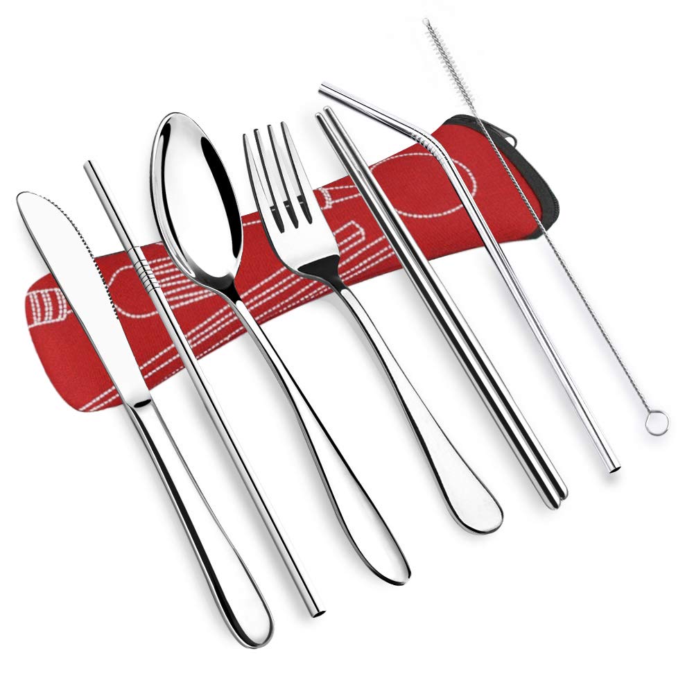 Servis set rostfritt stål servis med vete halm handtag kniv gaffel sked middag set kök servis: Röd
