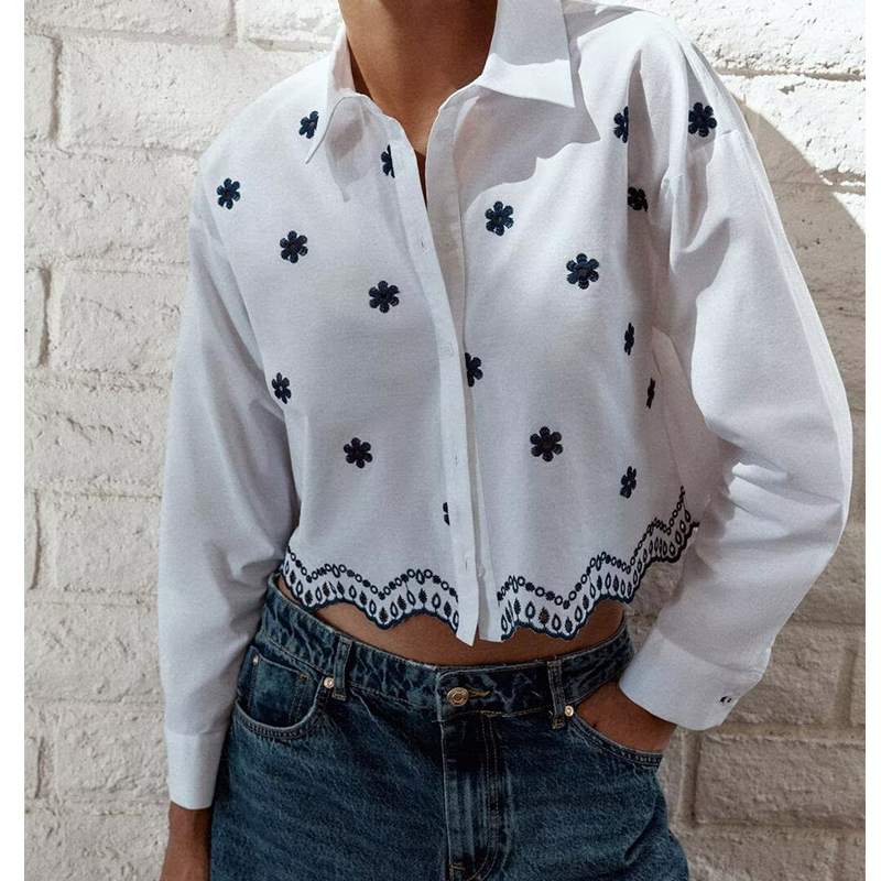 YENKYE Blumen- Stickerei Weiß Ernte Shirt Frauen Bluse Vorne Revers Kragen Langarm lässig Büro Hemden Blusas Mujer