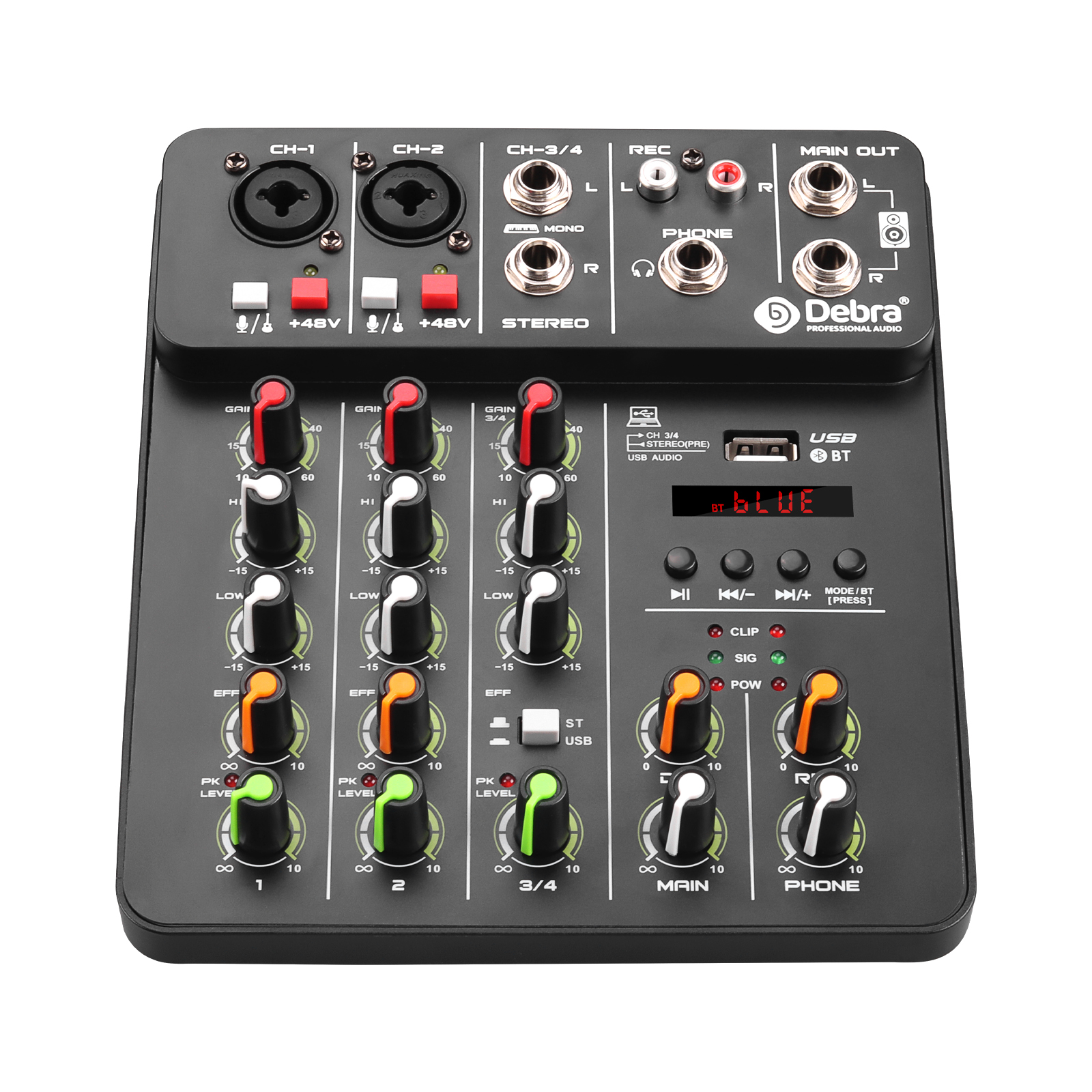 Mezclador de Audio Debra V4 de 4 canales con Bluetooth USB 48V efecto repetido de retardo de energía fantasma para consola mezcladora de sonido grabación de PC: Negro