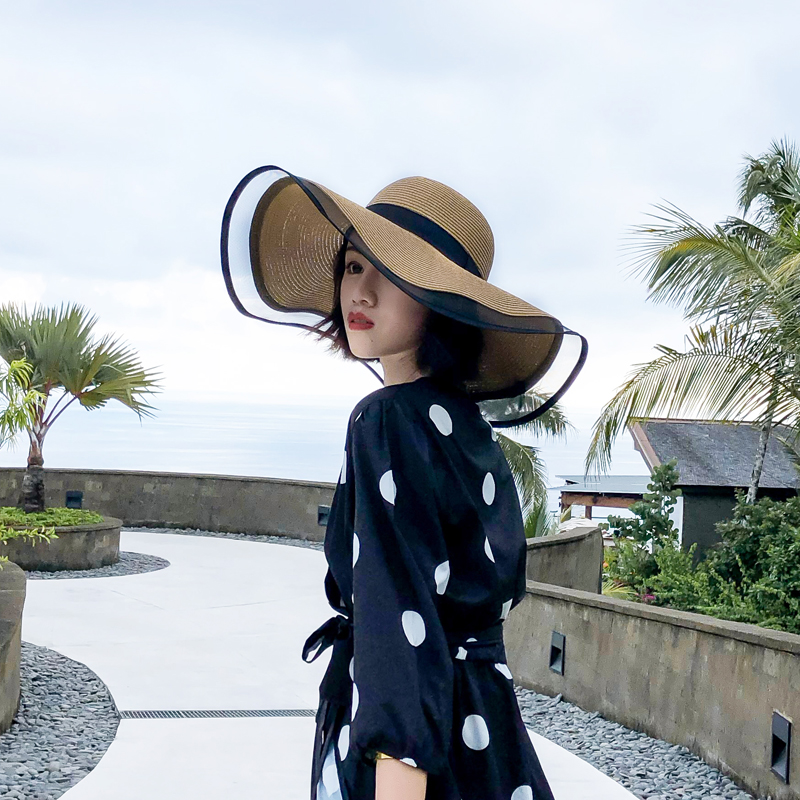 Summer White Big Hat Sun Hat Oversized Brim Sunscreen Floppy Beach Hat Women's Straw Hat Seaside Lace Big Brim Cap